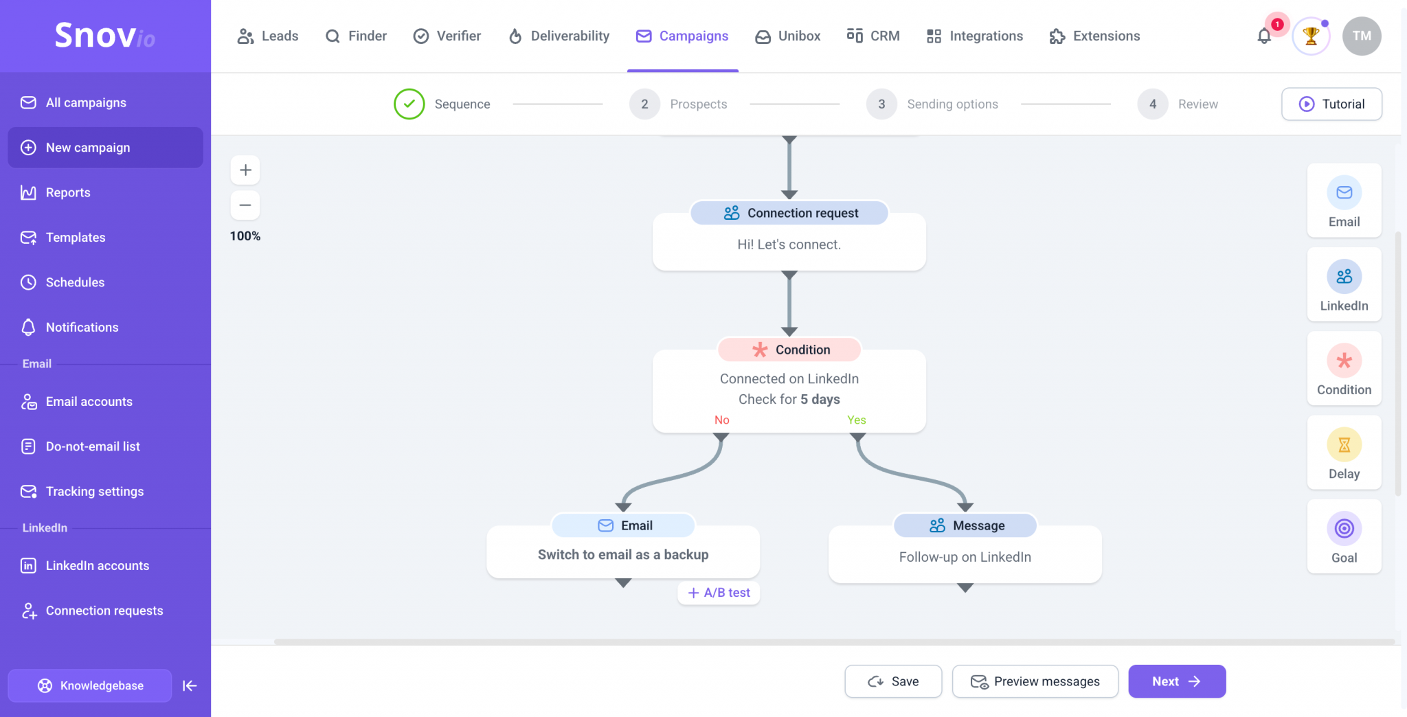 Mutichannel campaign created in Snov.io